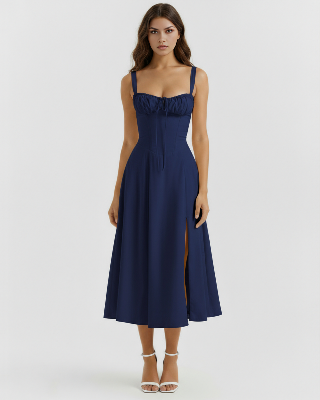 Dark Blue Cotton Corseted Lace-Up Maxi Dress – Wedding Guest Garden Party Gown