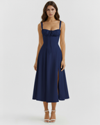 Dark Blue Cotton Corseted Lace-Up Maxi Dress – Wedding Guest Garden Party Gown