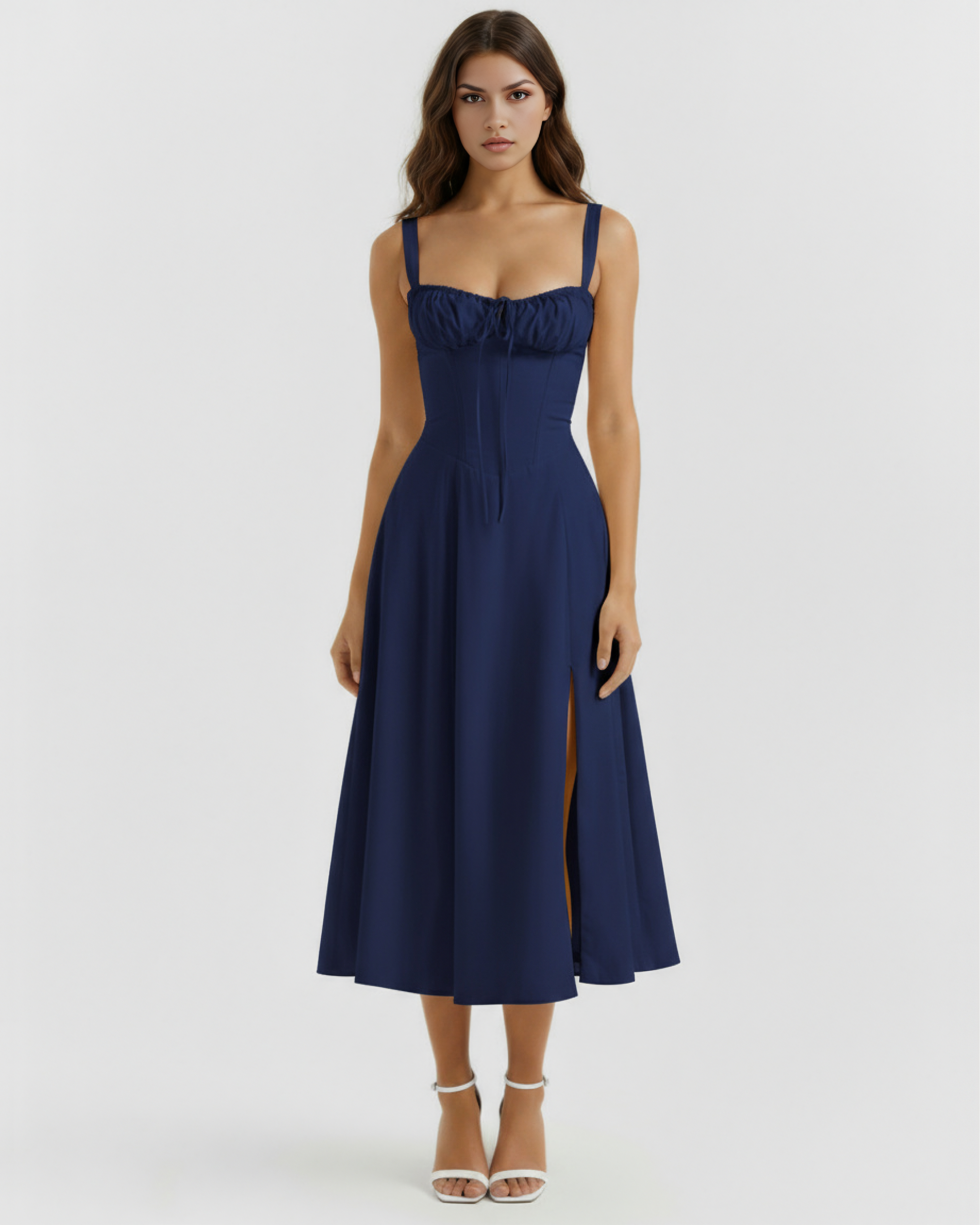 Dark Blue Cotton Corseted Lace-Up Maxi Dress – Wedding Guest Garden Party Gown