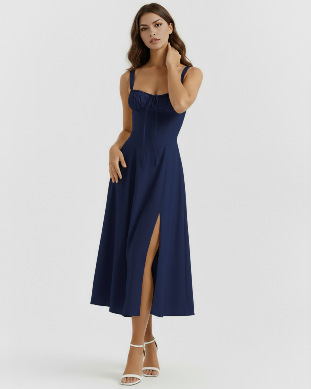 Dark Blue Cotton Corseted Lace-Up Maxi Dress – Wedding Guest Garden Party Gown