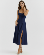 Dark Blue Cotton Corseted Lace-Up Maxi Dress – Wedding Guest Garden Party Gown
