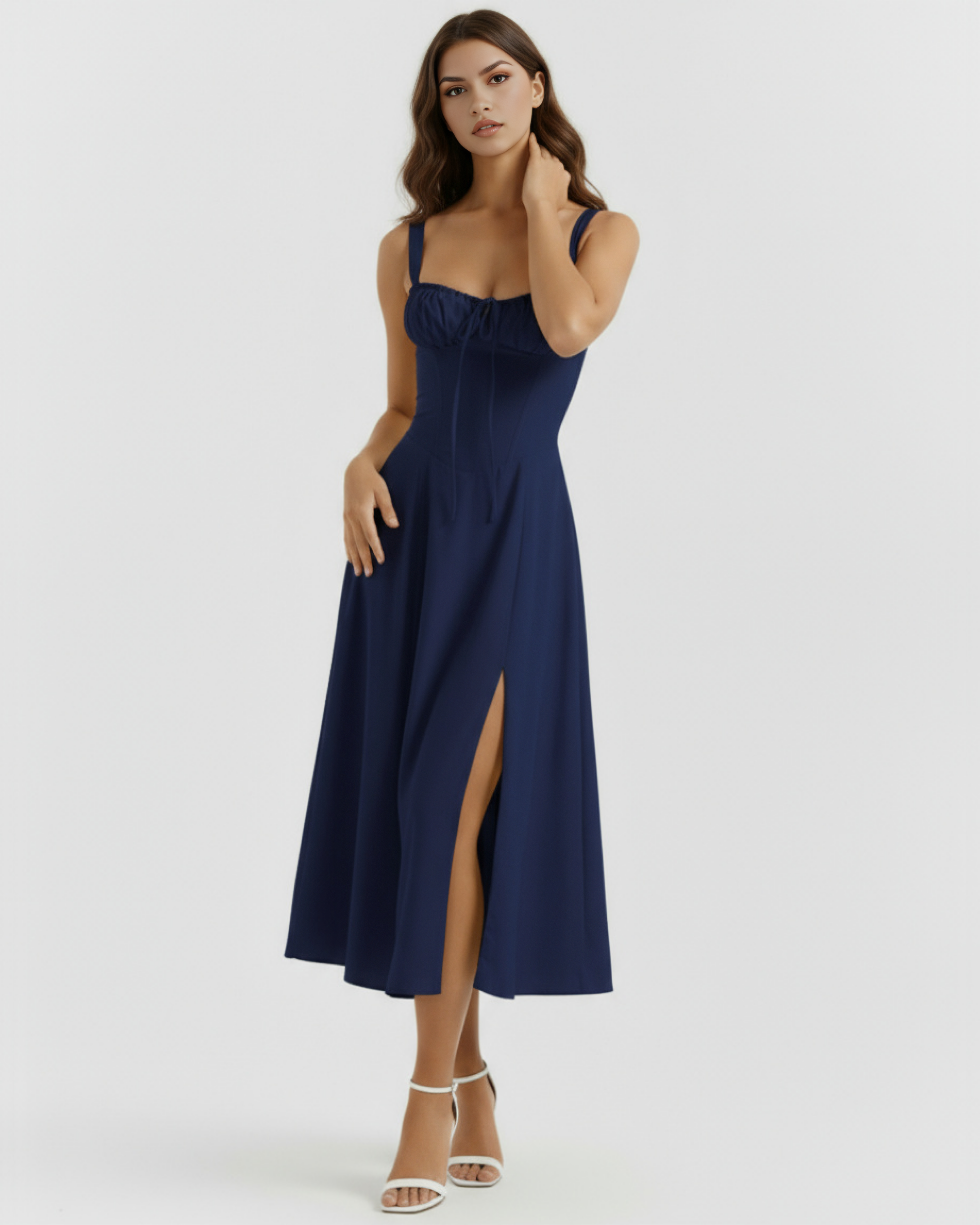 Dark Blue Cotton Corseted Lace-Up Maxi Dress – Wedding Guest Garden Party Gown