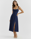 Dark Blue Cotton Corseted Lace-Up Maxi Dress – Wedding Guest Garden Party Gown