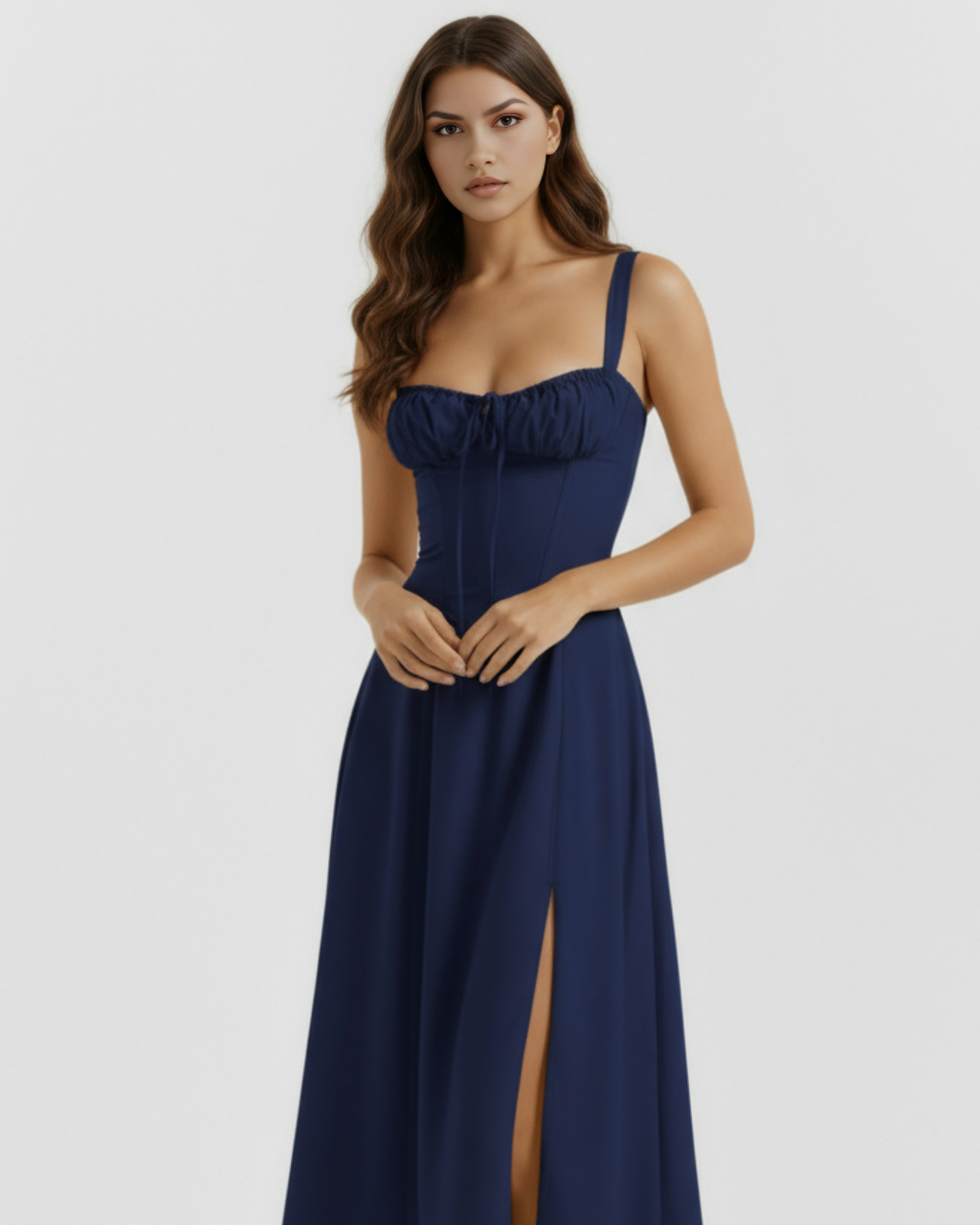 Dark Blue Cotton Corseted Lace-Up Maxi Dress – Wedding Guest Garden Party Gown