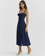 Dark Blue Cotton Corseted Lace-Up Maxi Dress – Wedding Guest Garden Party Gown