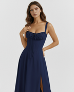 Dark Blue Cotton Corseted Lace-Up Maxi Dress – Wedding Guest Garden Party Gown