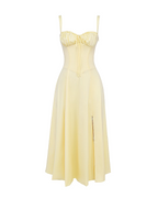 Butterblumen-gelbes, korsettiertes Maxikleid zum Schnüren – Hochzeitsgast Gartenparty-Kleid