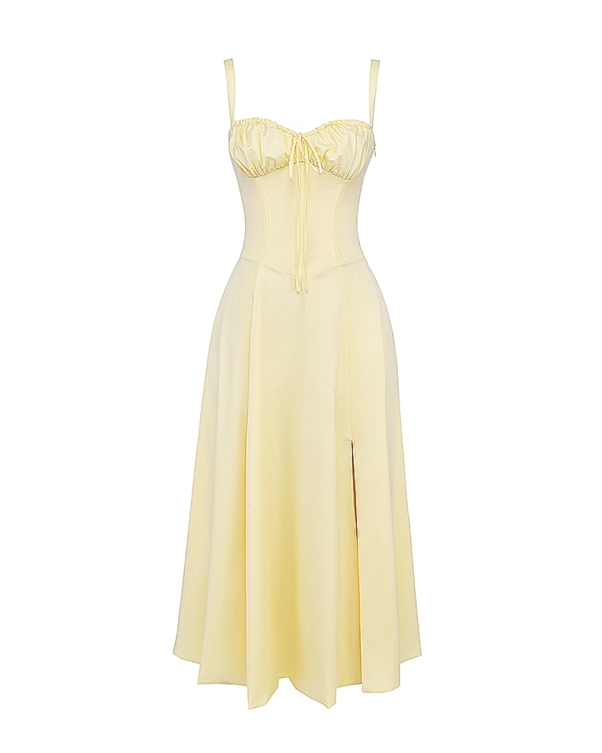 Butterblumen-gelbes, korsettiertes Maxikleid zum Schnüren – Hochzeitsgast Gartenparty-Kleid
