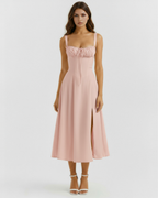 Rosé Corseted Lace-Up Maxi Dress – Wedding Guest Garden Party Gown