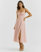 Rosé Corseted Lace-Up Maxi Dress – Wedding Guest Garden Party Gown
