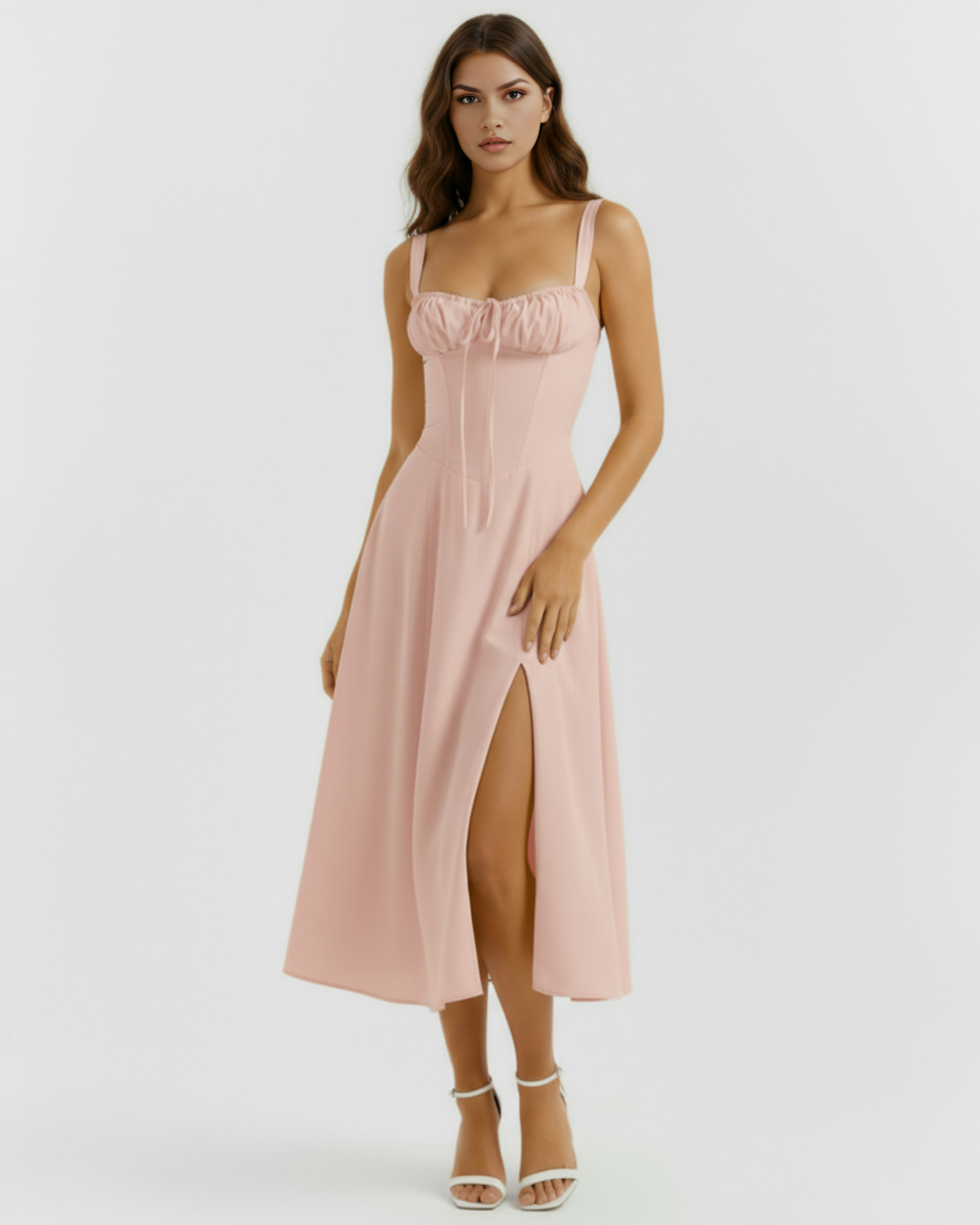 Rosé Corseted Lace-Up Maxi Dress – Wedding Guest Garden Party Gown