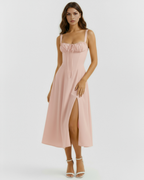 Rosé Corseted Lace-Up Maxi Dress – Wedding Guest Garden Party Gown