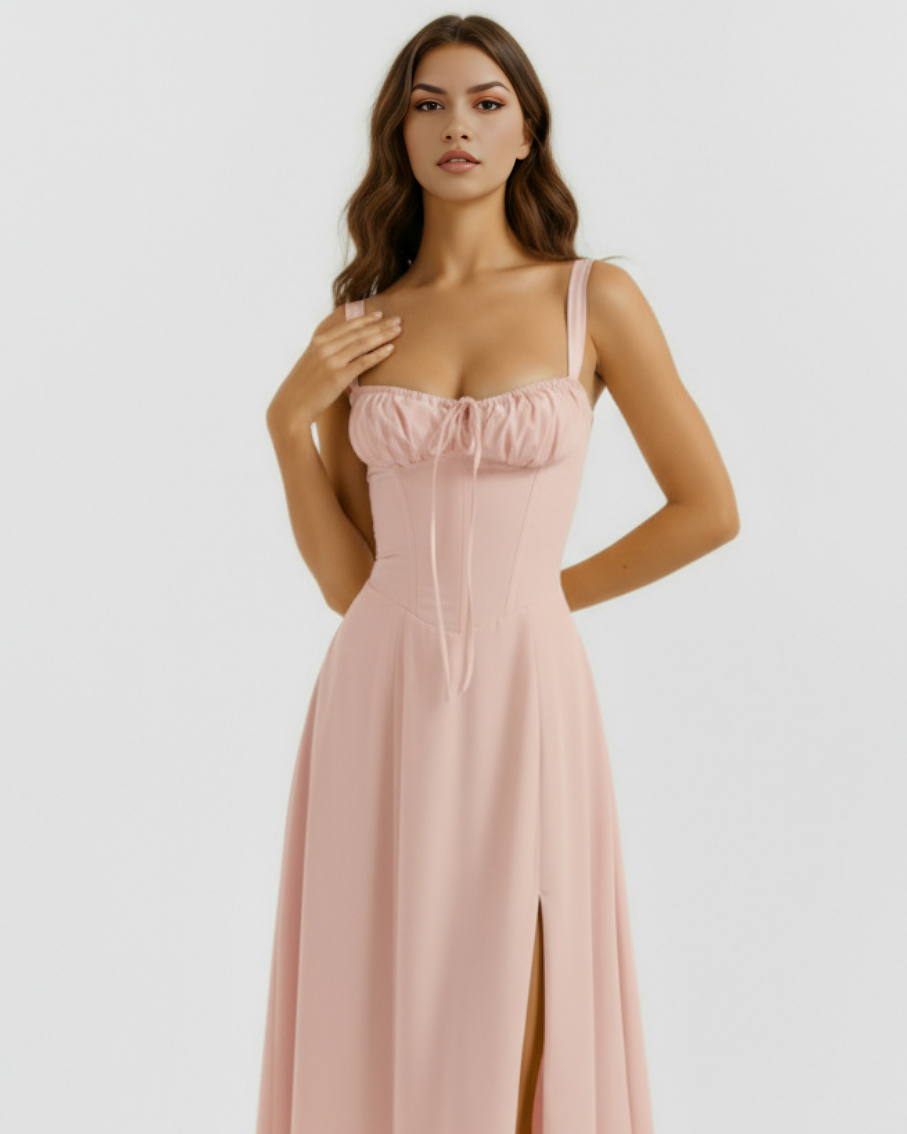 Rosé Corseted Lace-Up Maxi Dress – Wedding Guest Garden Party Gown
