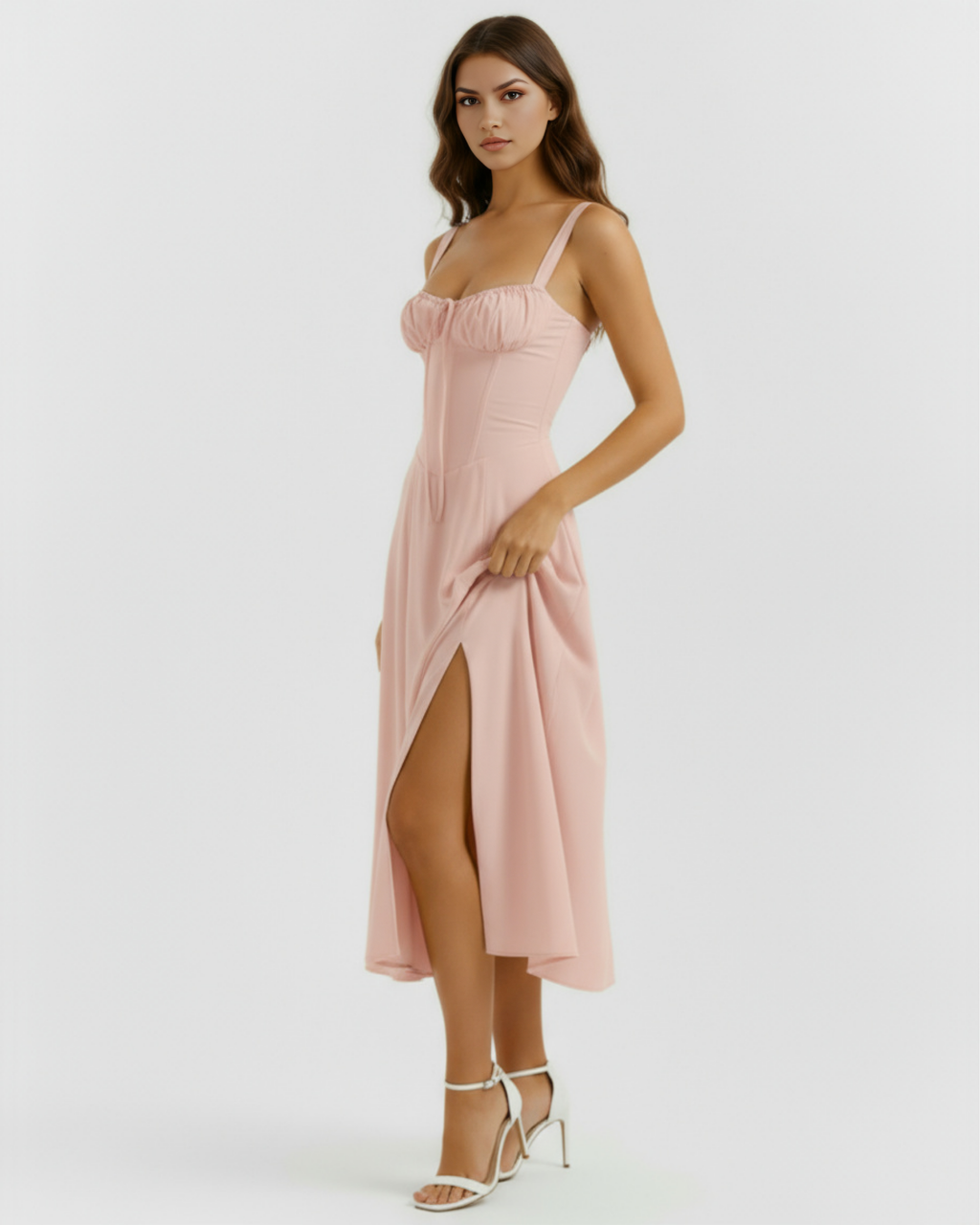 Rosé Corseted Lace-Up Maxi Dress – Wedding Guest Garden Party Gown