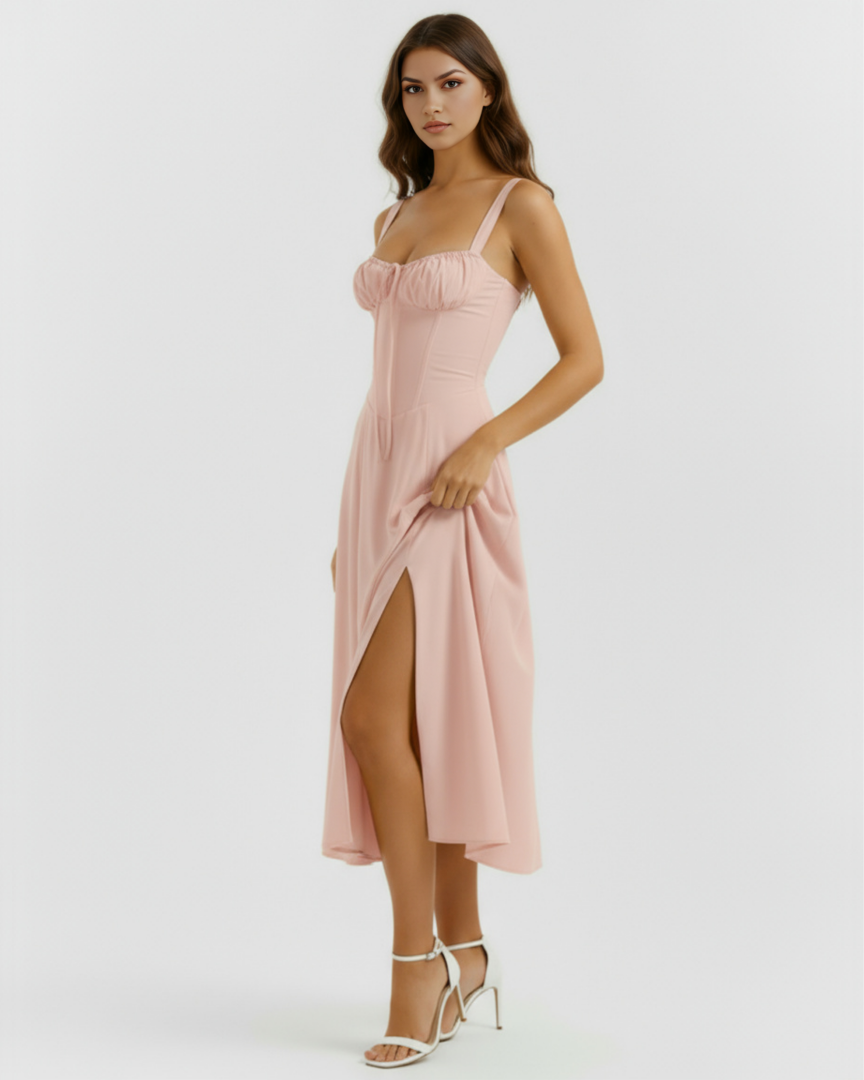 Rosé Corseted Lace-Up Maxi Dress – Wedding Guest Garden Party Gown