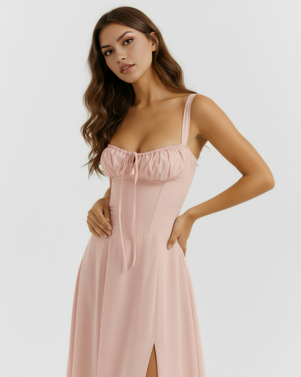 Rosé Corseted Lace-Up Maxi Dress – Wedding Guest Garden Party Gown