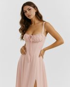 Rosé Corseted Lace-Up Maxi Dress – Wedding Guest Garden Party Gown