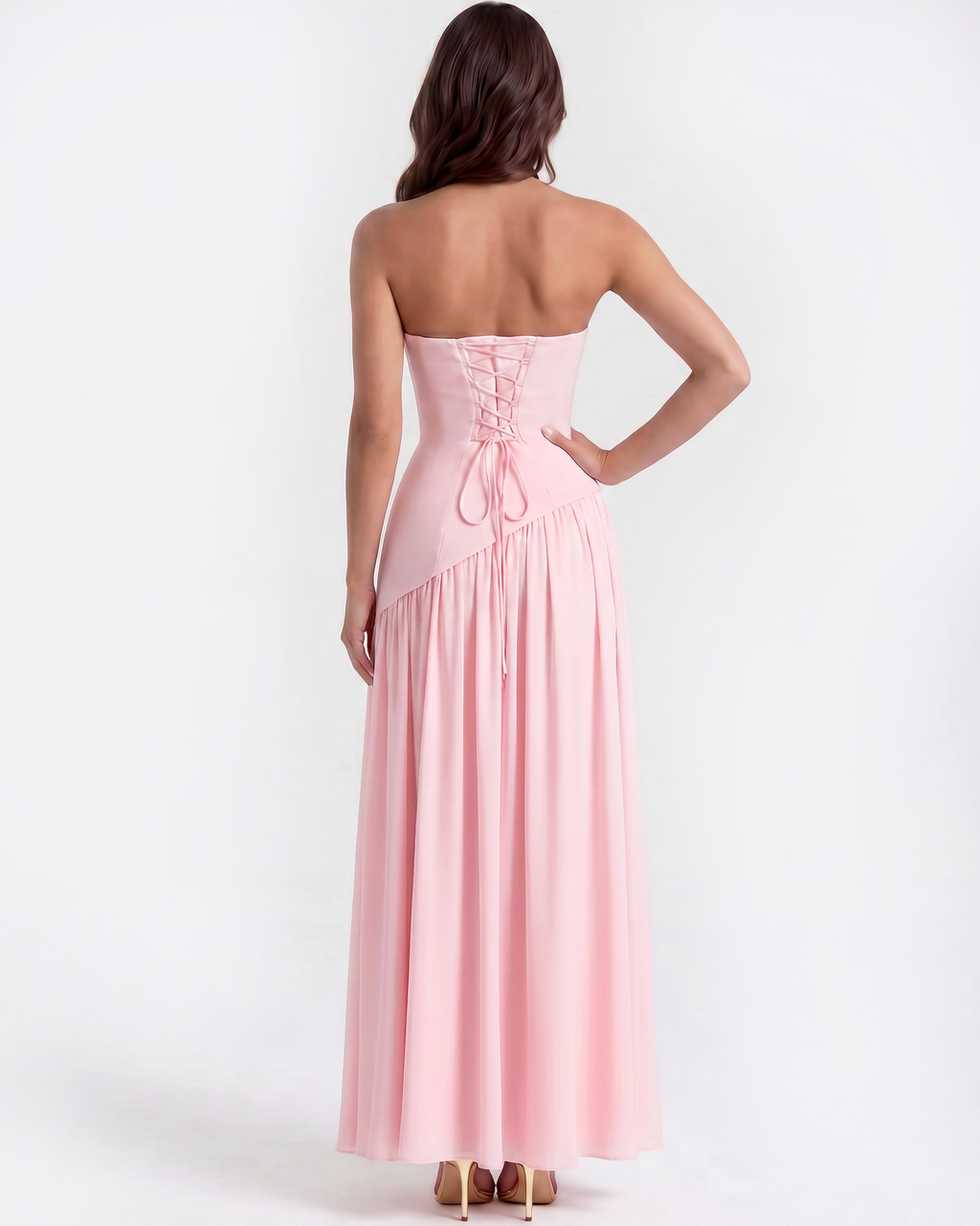 Pink trägerloses Chiffon-Maxikleid mit Schal – Festliches Gästekleid für Frühlingshochzeit