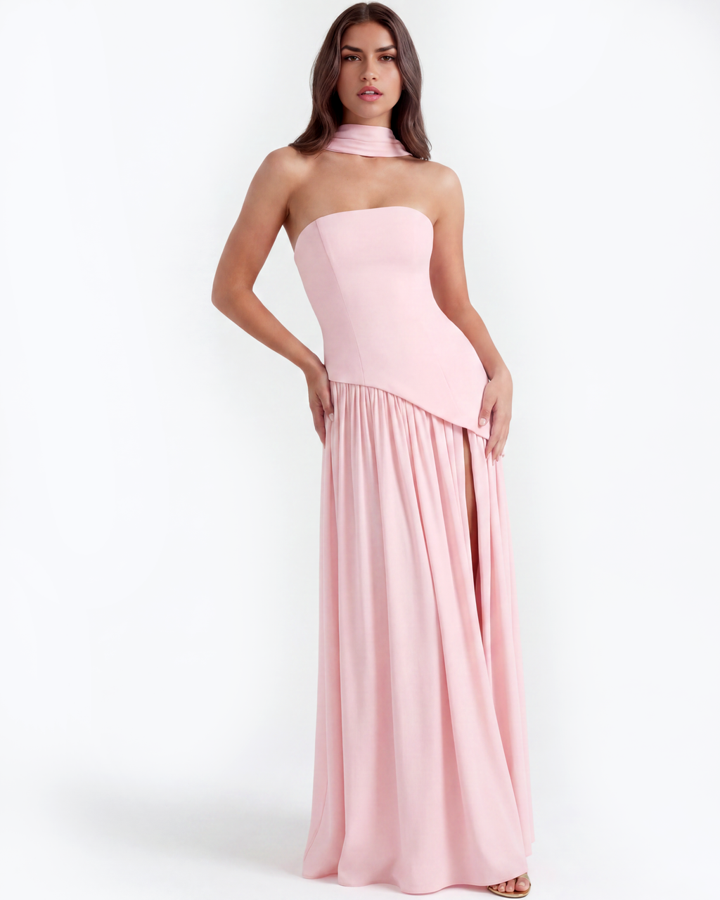 Pink trägerloses Chiffon-Maxikleid mit Schal – Festliches Gästekleid für Frühlingshochzeit