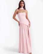 Pink trägerloses Chiffon-Maxikleid mit Schal – Festliches Gästekleid für Frühlingshochzeit