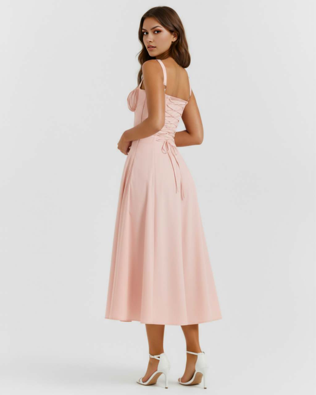 Rosé Corseted Lace-Up Maxi Dress – Wedding Guest Garden Party Gown