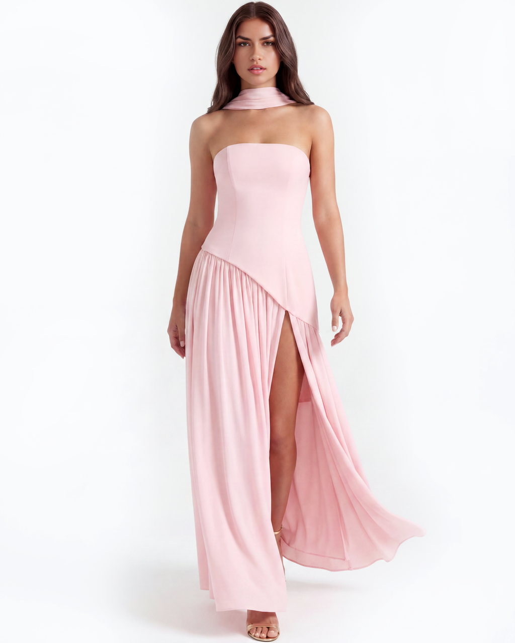 Pink trägerloses Chiffon-Maxikleid mit Schal – Festliches Gästekleid für Frühlingshochzeit