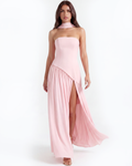 Pink trägerloses Chiffon-Maxikleid mit Schal – Festliches Gästekleid für Frühlingshochzeit