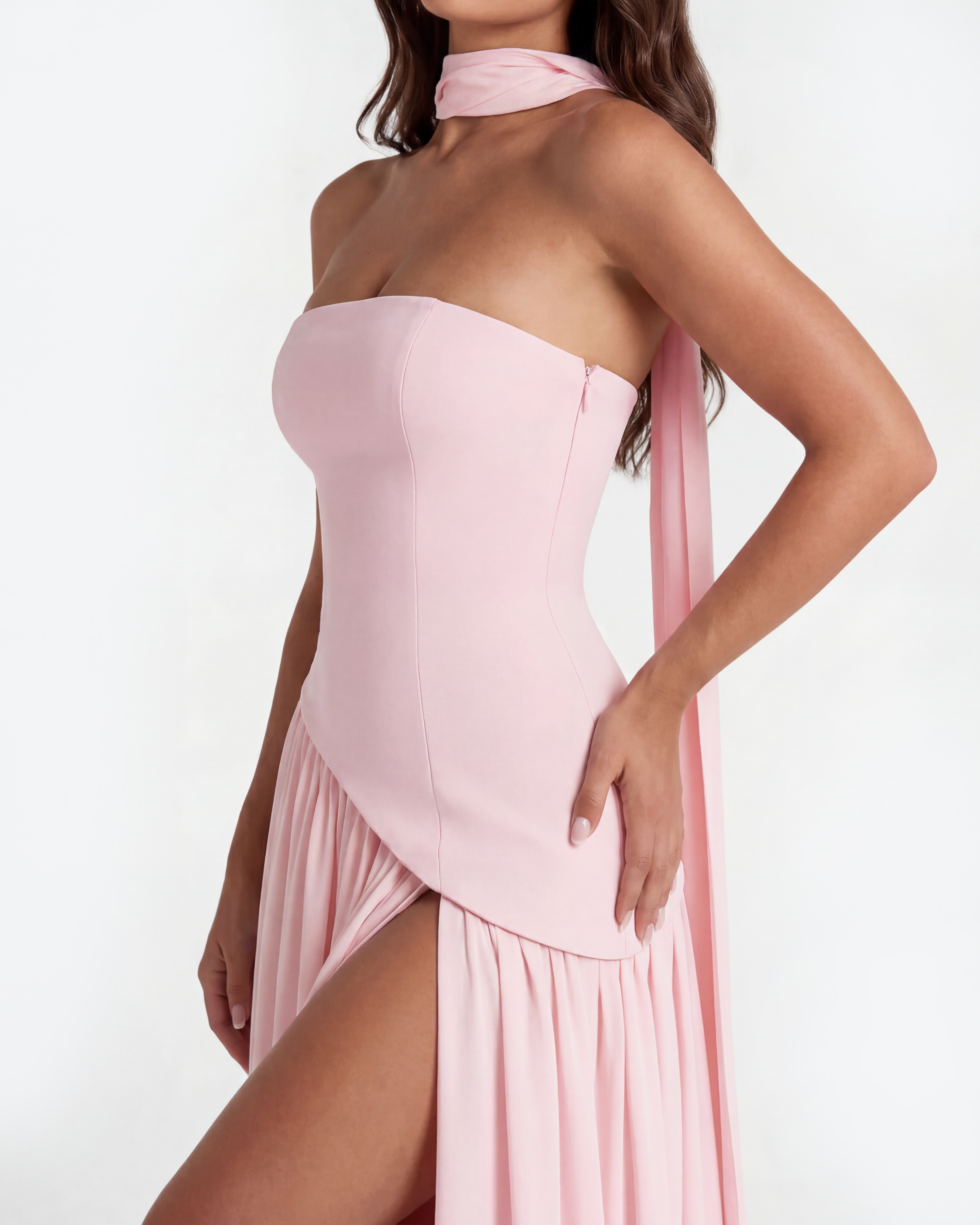 Pink Strapless Chiffon Maxi Gown with Scarf – Spring Wedding Guest Formal Dress