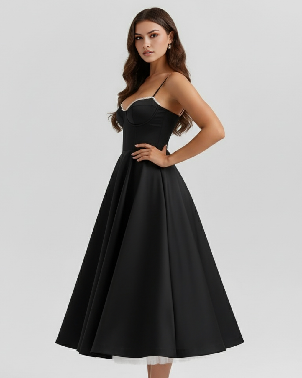 Satin Tulle Boned Sweetheart Midi Dress with Pockets – Fairytale Wedding Guest Gown