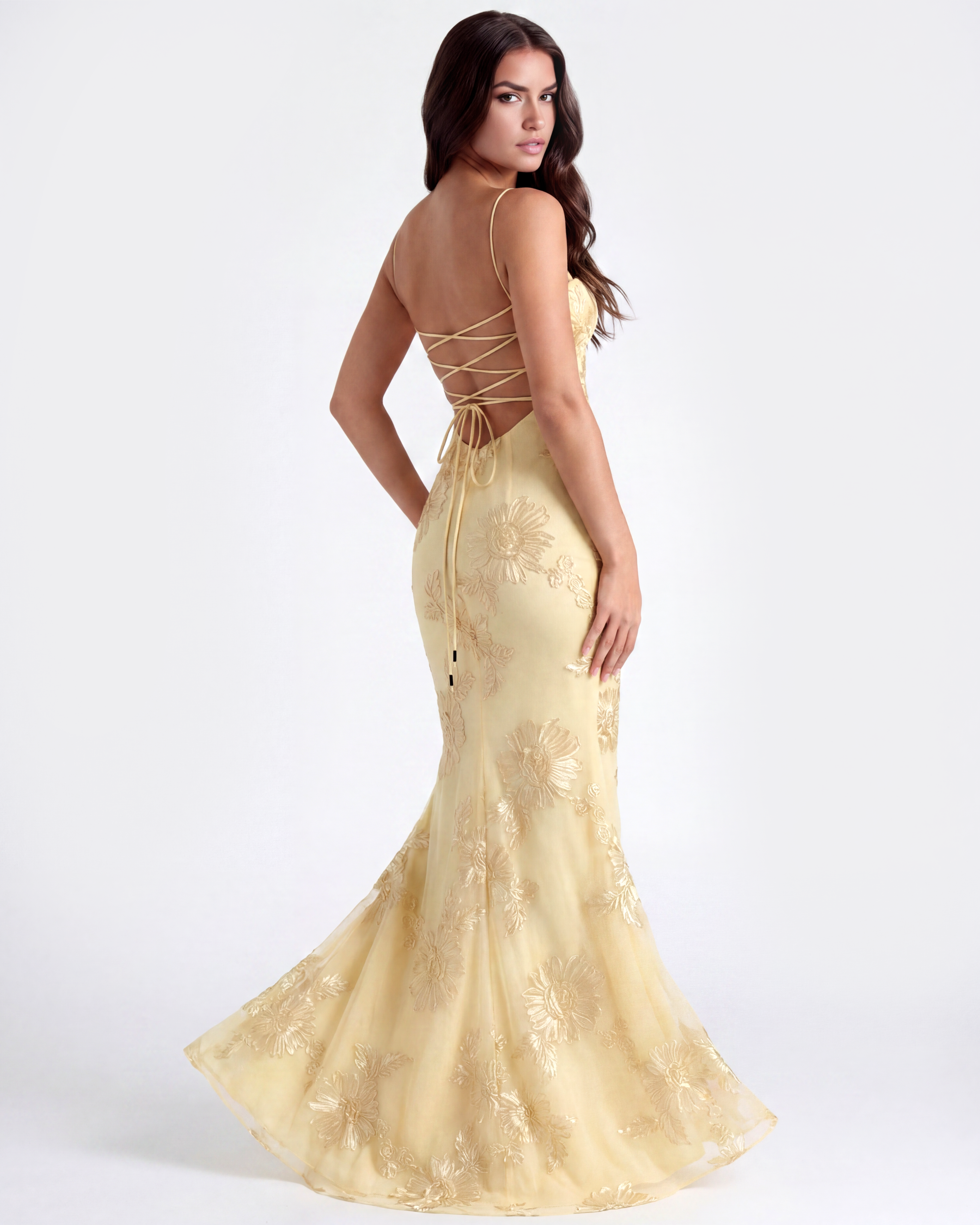 Lemon Floral Ribbon Appliqué Corset Maxi Dress – Romantic Wedding Guest Garden Party Gown
