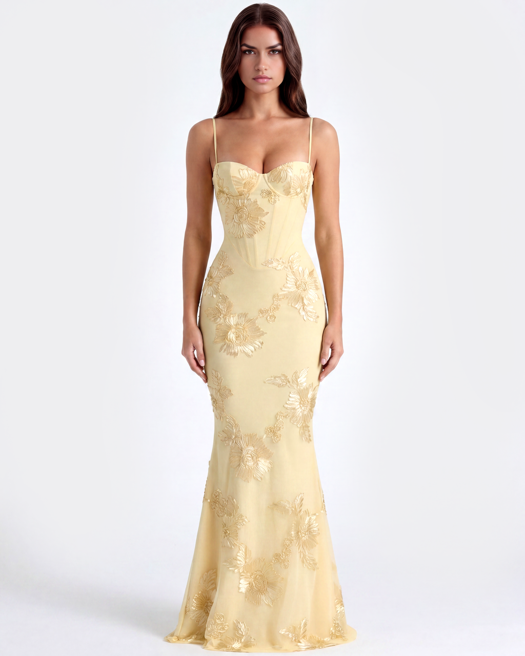 Lemon Floral Ribbon Appliqué Corset Maxi Dress – Romantic Wedding Guest Garden Party Gown