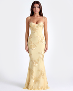Lemon Floral Ribbon Appliqué Corset Maxi Dress – Romantic Wedding Guest Garden Party Gown