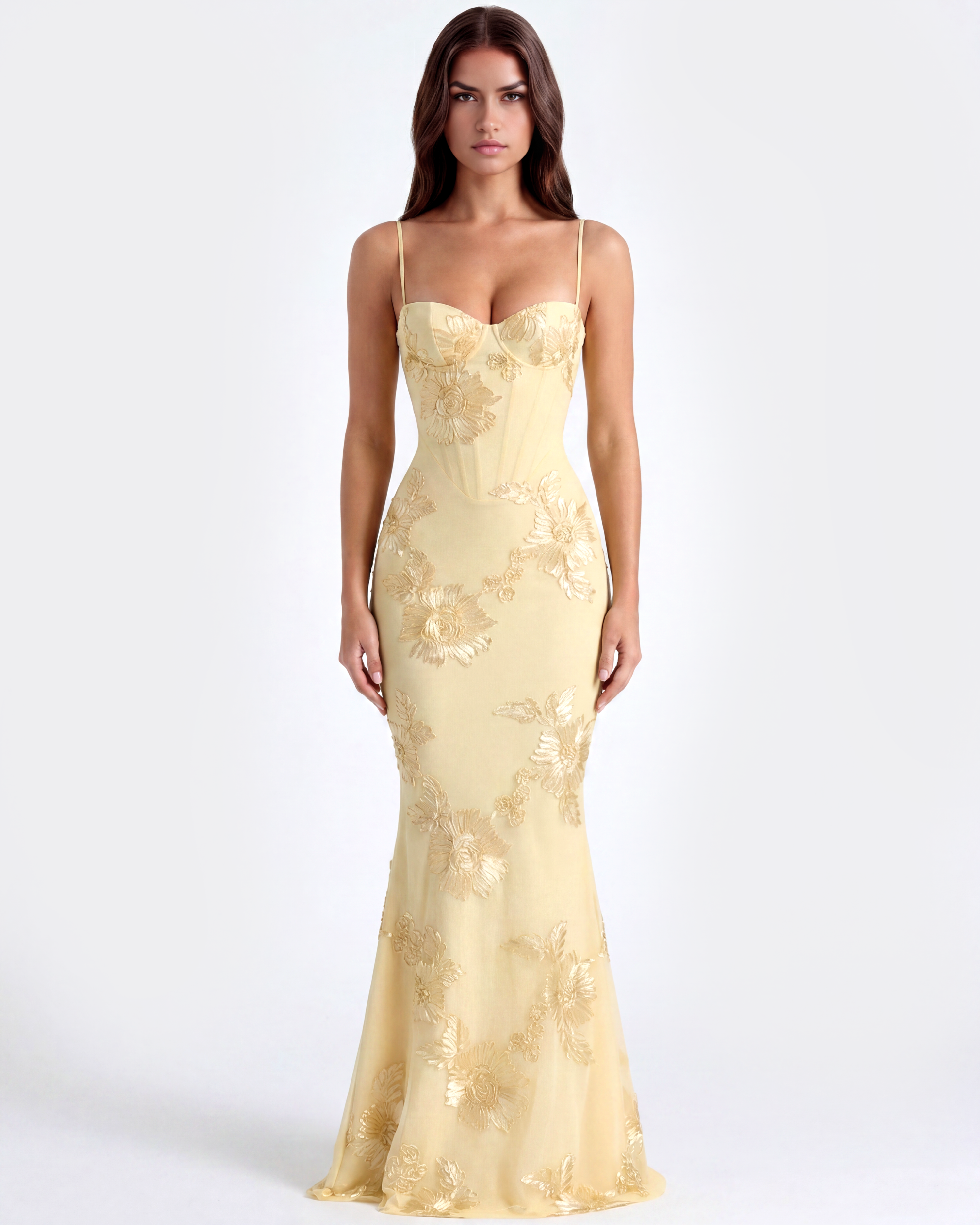 Lemon Floral Ribbon Appliqué Corset Maxi Dress – Romantic Wedding Guest Garden Party Gown