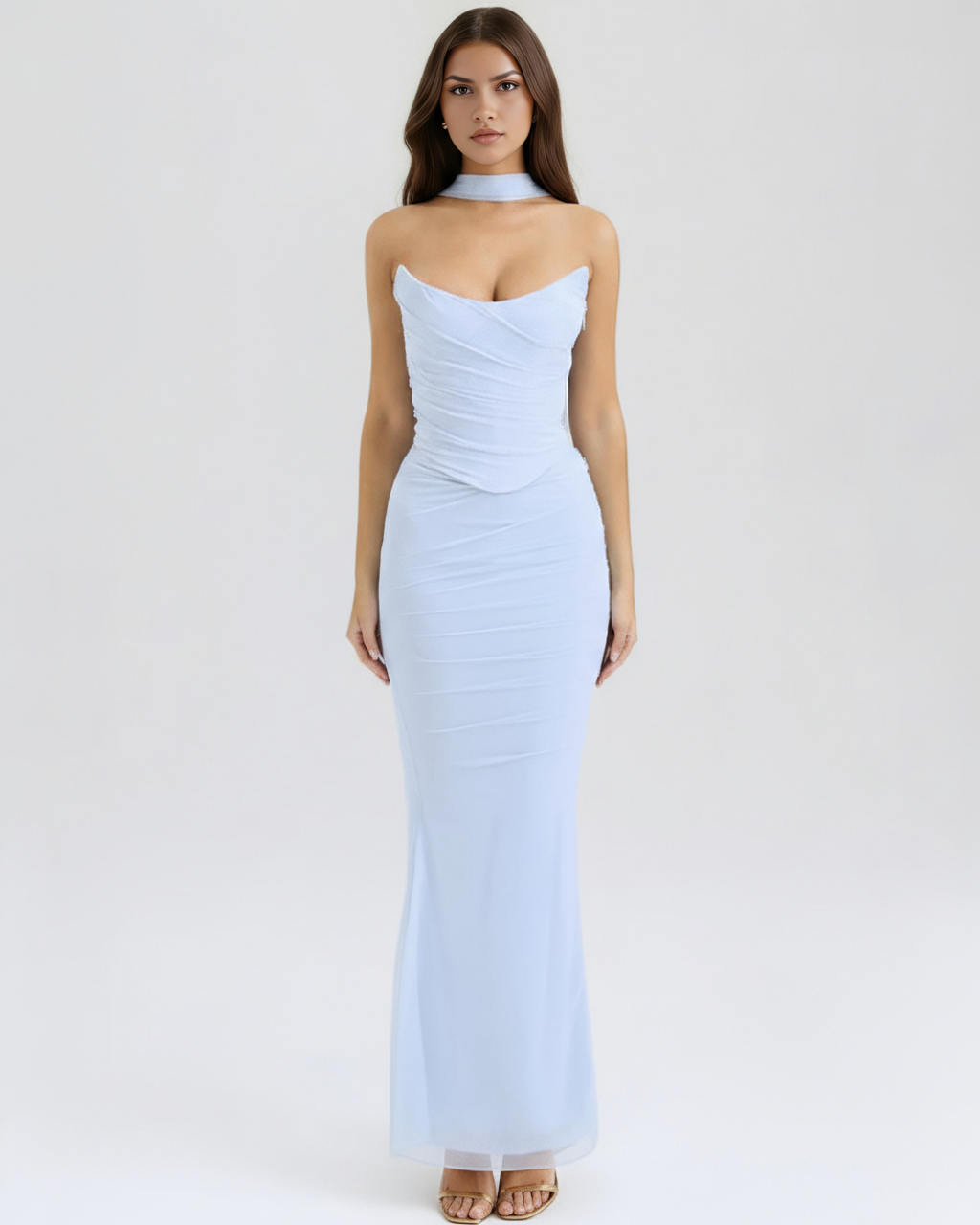 Babyblauwe Mesh Corset Maxi Rok & Sjaal Driedelige Set – Elegante Bruiloftsgasten Outfit