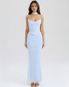 Babyblauwe Mesh Corset Maxi Rok & Sjaal Driedelige Set – Elegante Bruiloftsgasten Outfit