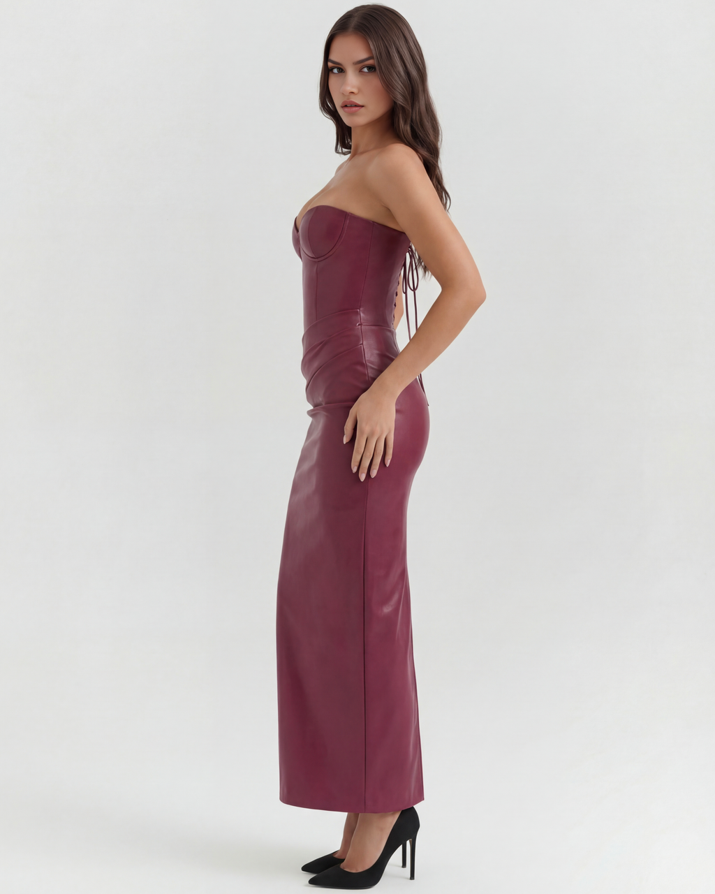 Vegan Leather Strapless Midi Dress – Lace-Up Back Body-Hugging Formal Gown Women