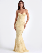 Lemon Floral Ribbon Appliqué Corset Maxi Dress – Romantic Wedding Guest Garden Party Gown