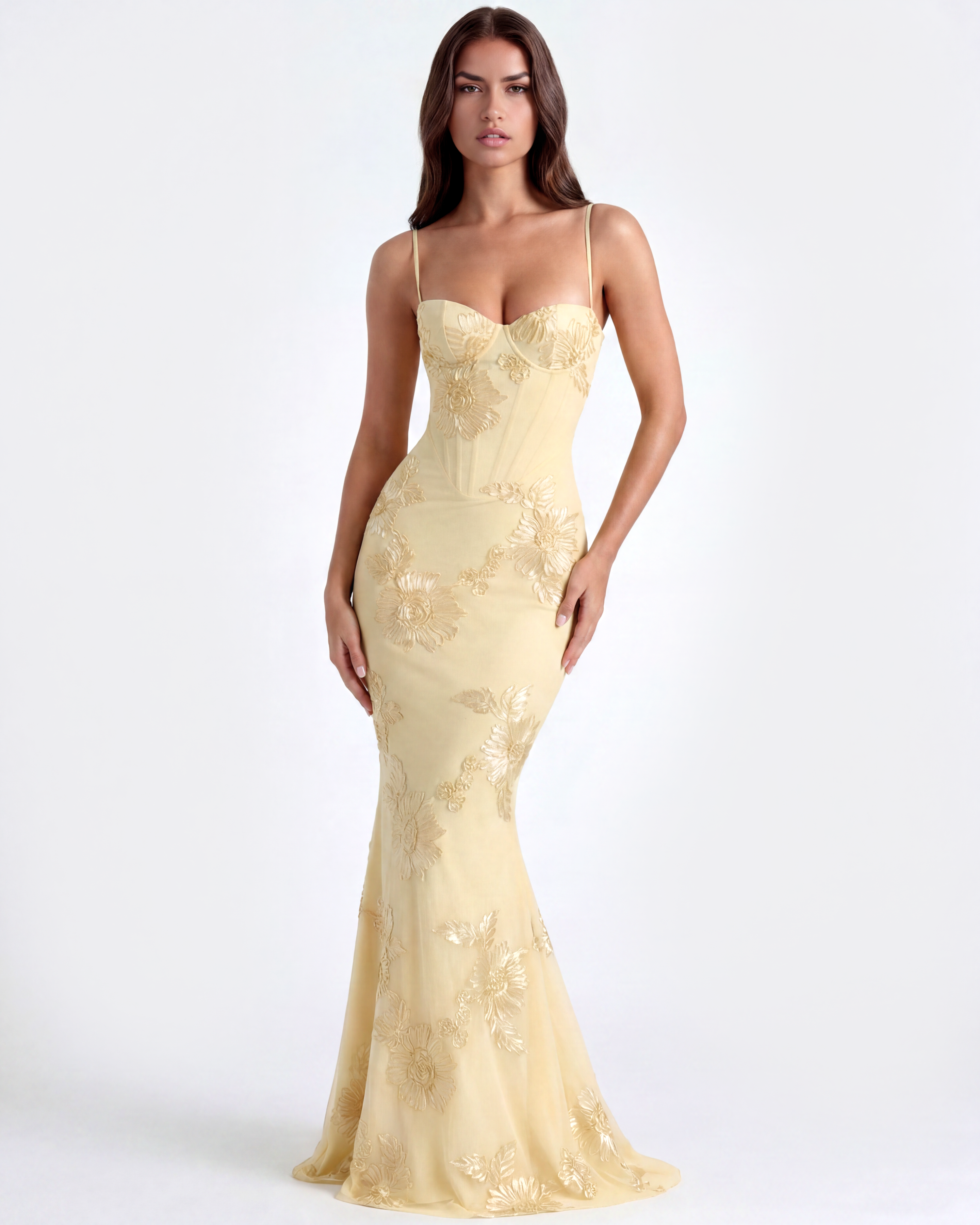 Lemon Floral Ribbon Appliqué Corset Maxi Dress – Romantic Wedding Guest Garden Party Gown