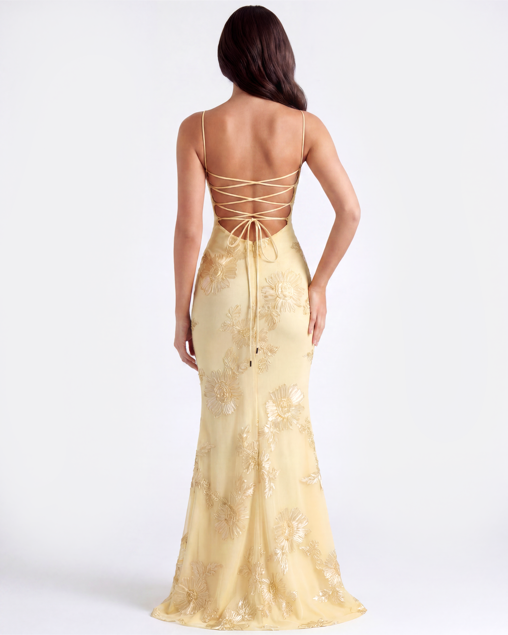 Lemon Floral Ribbon Appliqué Corset Maxi Dress – Romantic Wedding Guest Garden Party Gown