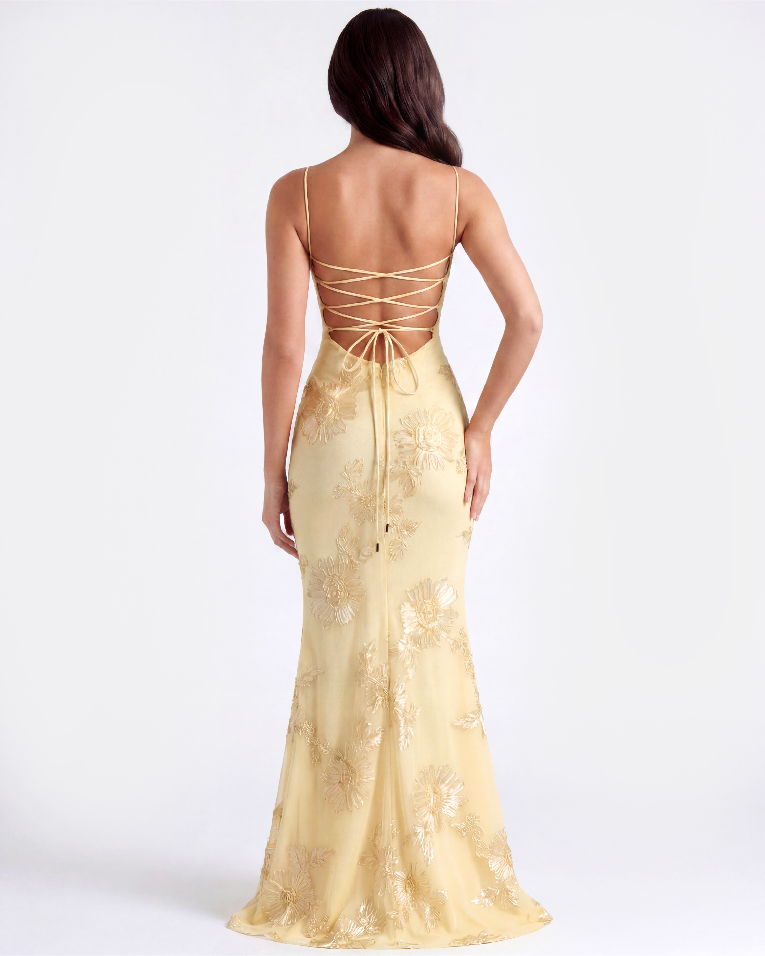 Lemon Floral Ribbon Appliqué Corset Maxi Dress – Romantic Wedding Guest Garden Party Gown