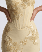 Lemon Floral Ribbon Appliqué Corset Maxi Dress – Romantic Wedding Guest Garden Party Gown
