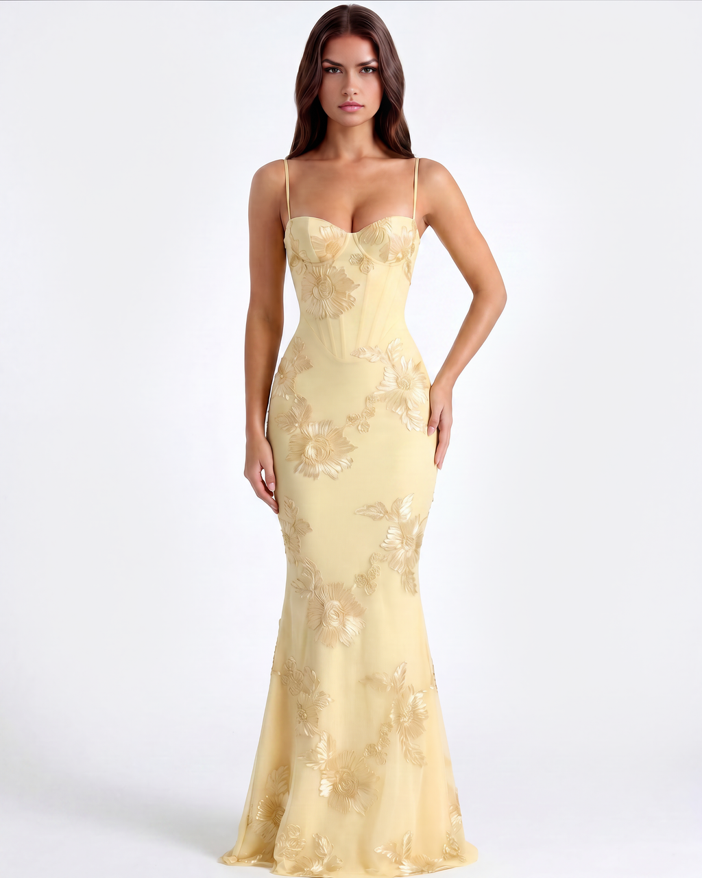 Lemon Floral Ribbon Appliqué Corset Maxi Dress – Romantic Wedding Guest Garden Party Gown