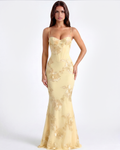 Lemon Floral Ribbon Appliqué Corset Maxi Dress – Romantic Wedding Guest Garden Party Gown