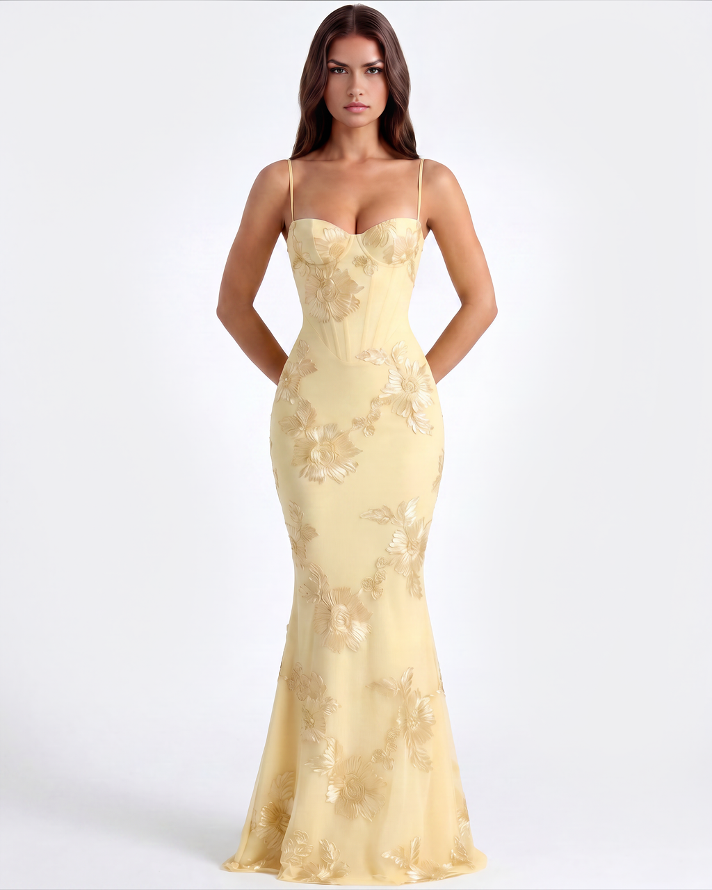 Lemon Floral Ribbon Appliqué Corset Maxi Dress – Romantic Wedding Guest Garden Party Gown