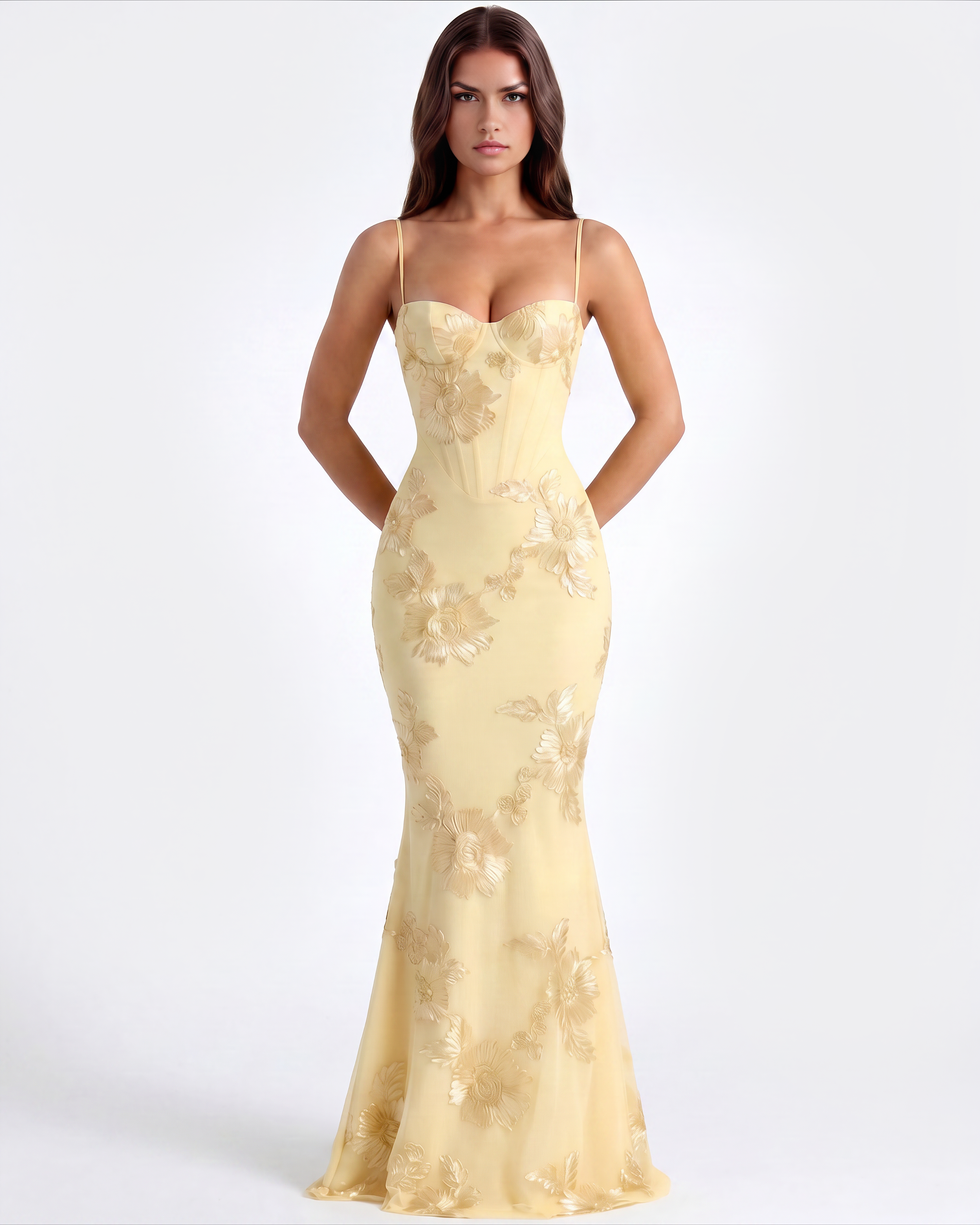 Lemon Floral Ribbon Appliqué Corset Maxi Dress – Romantic Wedding Guest Garden Party Gown