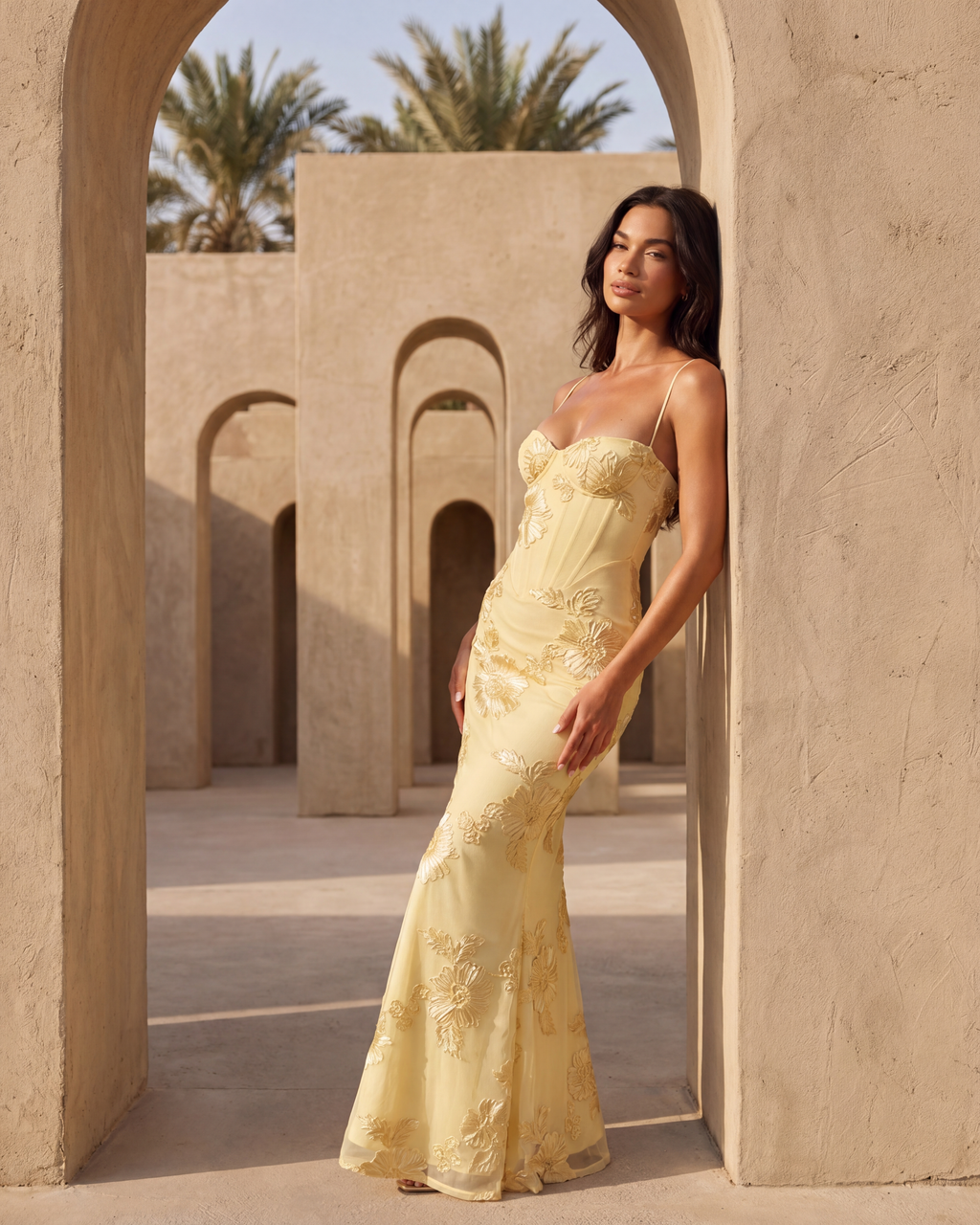 Lemon Floral Ribbon Appliqué Corset Maxi Dress – Romantic Wedding Guest Garden Party Gown