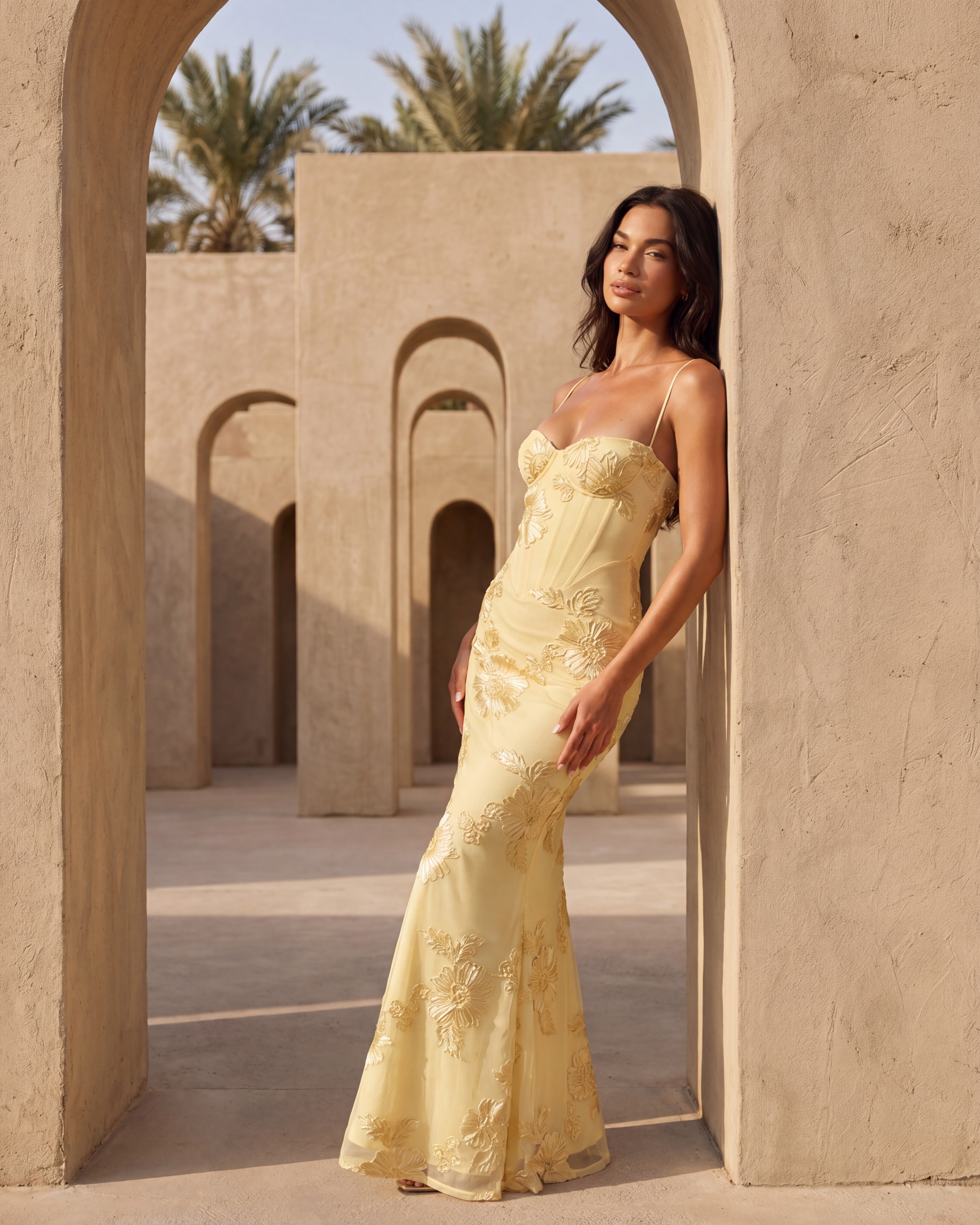 Lemon Floral Ribbon Appliqué Corset Maxi Dress – Romantic Wedding Guest Garden Party Gown