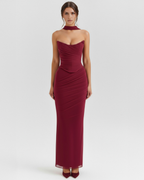 Burgundy Mesh Corset Maxi Set – 3-Piece Corset Skirt & Scarf Evening Occasion Outfit