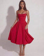 Sweetheart Neckline Midi Dress – Boned Corset Bodice Wedding Guest Summer Dress