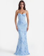 Maxi-jurk met korset en bloemenlintapplicatie in babyblauw – romantische trouwgastjurk voor tuinfeest